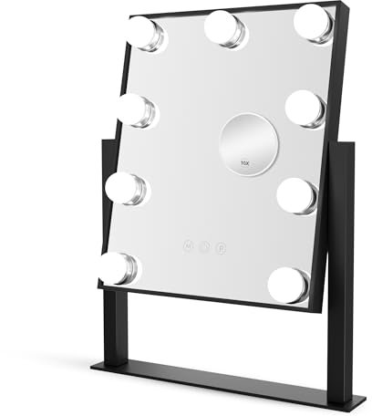 Bayt Specchio Trucco 36 x 30 cm - Specchio Hollywood con Luci - Specchio illuminato con luce a 3 colori e 9 lampadine a LED dimmerabili - Specchio d'ingrandimento 10x (Nero, 36 x 30 cm)