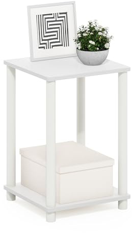 Furinno TURN-N-TUBE Side Table, 2-Tier End Table with Open Shelf, Toolless Night Stand, Bedside Table, for Living Room, Bedroom, White/White