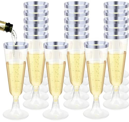 YZDZSW Plastic Toasting Glasses - 25 PCS Disposable Clear Plastic Champagne Flutes for Wedding Party Cocktail Mimosa Cups (Silver)
