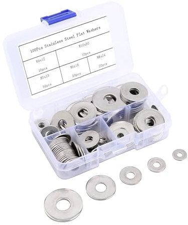 Paquet de 100 Rondelles Plates Rondes en Acier Inoxydable - Rondelles Métalliques Argentées en Cinq Tailles pour Réparation