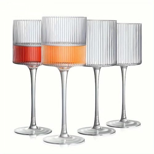 SYJYM rödvinsglas Set med 4 eleganta vinglas med ribbad design med lång stjälk Unik modern form Handblåst premiumvinglas