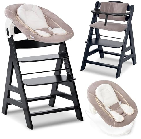 hauck Seggiolone Pappa Alpha Plus Set Newborn - Seggiolone Pappa Bimbi in Legno, Evolutivo con Sdraietta Neonato 2in1 e Cuscino - Nero