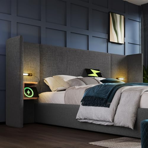 BXEYXE klädselsäng dubbelsäng 160 × 200 med sängbord. Lä och USB Type-C laddningsfunktion. Sängsystem, förvaringssäng, sängram med ribbotten av massivt trä och metall. Grå. Linne (utan madrass)