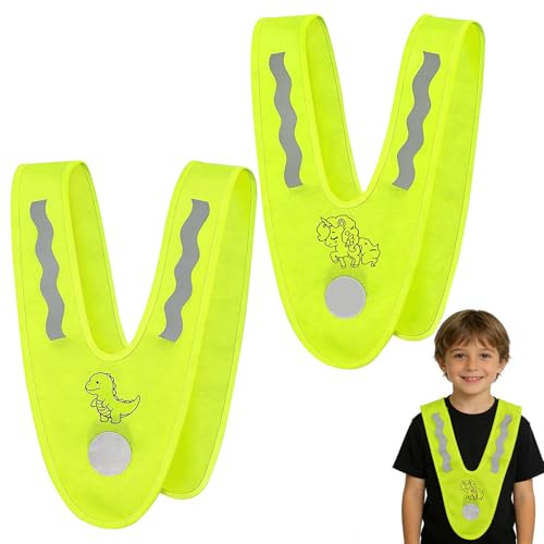 Henjunu Chaleco Reflectante Niño 2 PCS,Chaleco de Seguridad Reflectante,Chaleco de Alta Visibilidad,Dinosaurio/Unicornio Estampado,para una Mejor Visibilidad de Noche para Bicicleta,Colegio