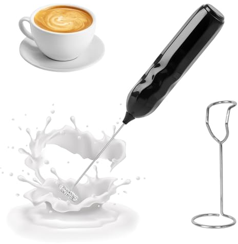 Espumador de Leche, Batidora de Leche Portátil, Máquina de Espuma Eléctrica de Mano, con Batidor de Acero Inoxidable y Soporte, para Café, Lattes, Capuchino, Matcha, Funciona con Pilas, Negro