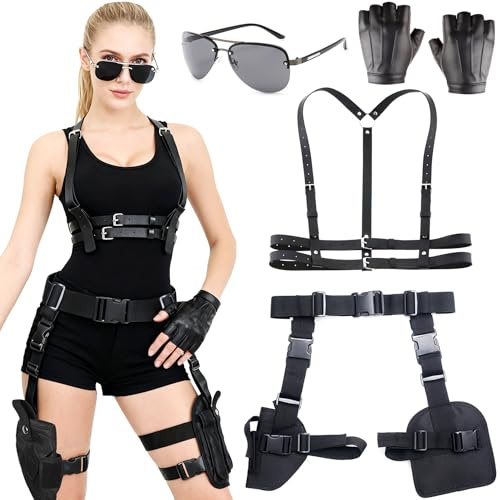 Hifot Doppia Fondina Pistola Cintura Harness Donna Nera Fondina Cosciale Tattica Occhiali da Sole Neri Guanti Pelle Senza Dita Porta Pistola Gamba Accessori Carnevale Poliziotta Donna Halloween