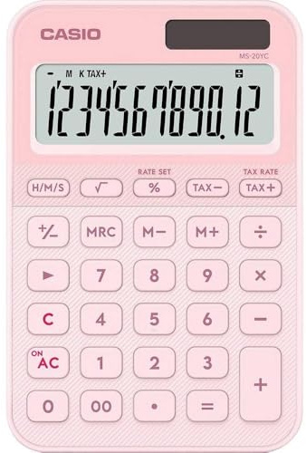 CASIO MS-20YC-LP Tischrechner, Pink, 12-stellig, Solar/Batteriebetrieb | 12-stelliges großes Display. Solar-Batteriebetrieb, Prozentrechnung, kompaktes Gehäuse, Zeitberechnung. Steuerberechnung