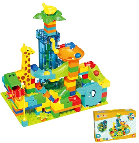 131-Piece Marble Run Blocks for Kids, Jungle Animal STEM Toy, Ages 3+ | Large-block jungle marble maze with giraffe, elephant, crocodile, rolling balls, STEM building play and gift-ready fun.