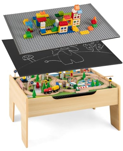 Maxmass 78 PCS Wooden Train Table with Reversible Tabletop | 5 in 1 Children Activity Table Train Track Set Educational Toys for 3+ Years Old Boys Girls