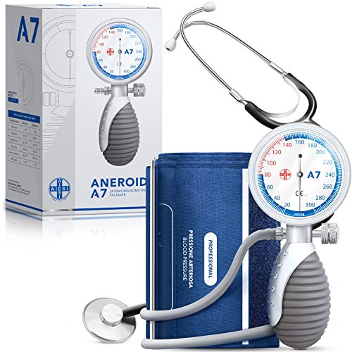 AIESI® Sfigmomanometro Manuale Professionale Aneroide modello palmare per adulti con stetoscopio ANEROID A7, Impugnatura orientabile, Garanzia Italia 24 mesi