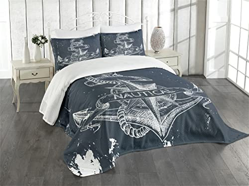 ABAKUHAUS Marine Tagesdecke Set, Knot Anker Kompass, Set mit Kissenbezügen Weicher Stoff, für Doppelbetten 264 x 220 cm, DunkelBlau-weiß
