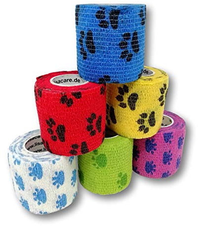 LisaCare selbsthaftende Bandage - 6 Rollenpflaster Hunde Verbandsmaterial 5cm - elastische Bandage - Haftbandage Hund medizinisch zertifiziert (3x Tatzen & 3x Pfoten)