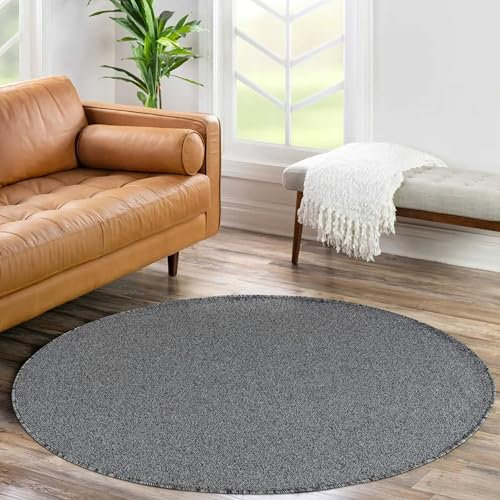 HomebyHome Teppich Wohnzimmer 120 cm Rund Grau Einfarbig Design - Schlafzimmer Teppich Kurzflor Extra Weich Pflegeleicht Gabbeh Optik Teppiche für Küche Esszimmer Jugendzimmer Kinderzimmer