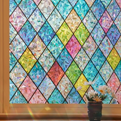 Windimiley Fensterfolie Blickdicht Regenbogen Selbstklebende : kein Klebstoff Fensterfolie Fenster Balkon farbige 3D Klebefolie statische Regenbogen Klebstoff Anti uv Sonnenschutz Büro 44.5x200cm