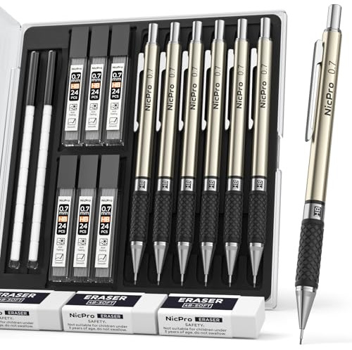Nicpro 0.7 mm Art Mechanical Pencils Set, 6 PCS Metal Drafting Pencil 0.7mm Tube HB Lead Refills & 18 Cap Eraser for Adults, Children, Artist Writing, Drawing, Sketching, Black