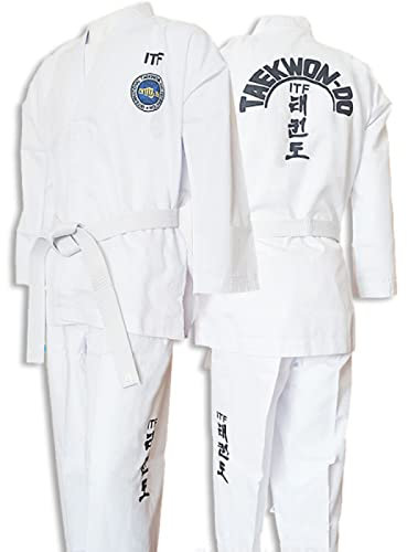 ITF Taekwondo Uniform Kinder Erwachsene Gestreifter Stoff Karate Gi Judo Anzug für Wettkampf und Training,White-110