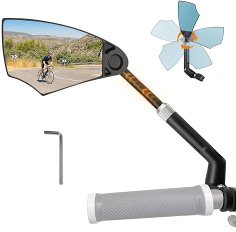 Arkham Fahrradspiegel Blendschutz, Fahrrad Rückspiegel Einziehbar und 360° Drehbar, Extra Großer HD Echtglas Spiegel, für 20-23mm Lenker, Fahrrad Spiegel für Ebike Mountainbike (Links)