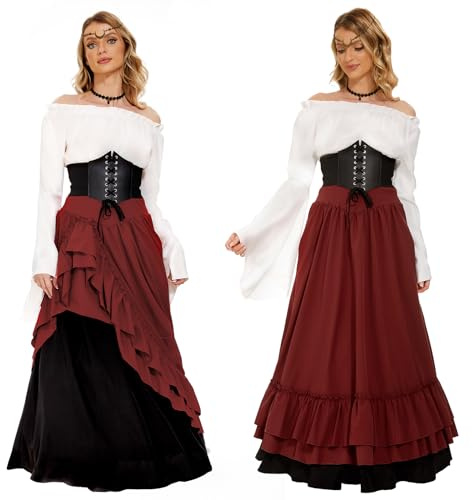 JONRRYIN Falda Larga Medieval para Mujer, Costume Victoriano Renacentista, Manga Acampanada Bohemio Vestido, Ropa Gótico Vintage Carnaval Halloween (FR/ES, Letras, S, Regular, Regular, Rojo)