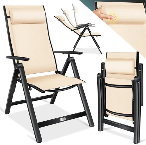 KESSER® Gartenstuhl Hochlehner mit Armlehnen Aluminium Klappstuhl mit Kopfkissen & Abdeckung Campingstuhl 7-Fach Verstellbar Rückenlehne Atmungsaktiv & Wetterfest Klappbar & Anti-Rutsch Beige