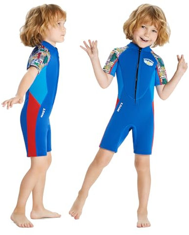 JONRRYIN Neoprenanzug Kinder Neopren Shorty Thermal Tauchen Badeanzug, 2,5 mm Neopren Frontreißverschluss Einteilige Neoprenanzüge für Wassersport Surfen Schwimmen Tauchen Jetski (HellBlau, XL)