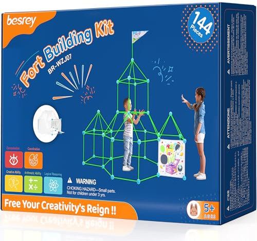 besrey Kids Fort Building Kit Den Building Kit 144 Pcs with Toss Game - Creative Fort Glow in Dark, Outdoor Play Playground Equipment, DIY Construction STEM Toys for Kids Game