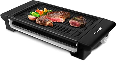 FIMEI Electric Grill 1400W, Non-Stick Electric Smokeless Barbecue Grill with 6 Gear Temperature Adjustment, Easy Clean, Suitable for Outdoor and Indoor barbecue, Family Party BBQ