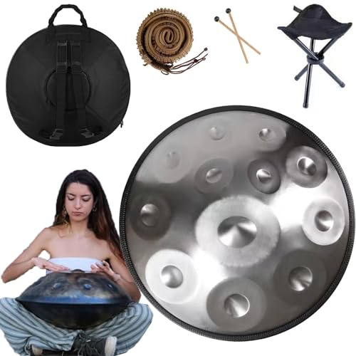 56cm Handpan Drum D Moll 432 Hz/440 Hz Handpan-Drum-Instrument 9/10/12 Noten Handtrommel Aus Stahl Schlaginstrument Für Yoga,Audioproduktion, Mit Trommelstöcken(Color:Silber,Size:12 Notes(432HZ))