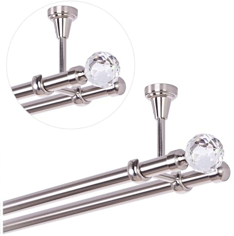 Bastone per tende da 140 cm, per montaggio a soffitto, 19 mm, 2 vie, effetto acciaio inox, set di bastoni per tende con sfera di cristallo
