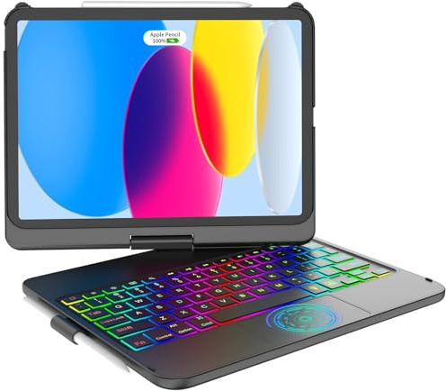 KARFUN Clavier pour iPad 10/11 Ème Generation (10,9 2022/11 A16 2025), Housse de Protection Rotative à 360° avec Porte-Stylet, étui avec Clavier Trackpad Rétro-éclairé (Noir)