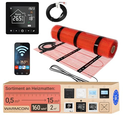 Warmcoin Calefacción eléctrica por suelo radiante 2 m² 160 W/m² con termostato W100 negro WLAN – calefacción por suelo radiante eléctrico para laminado, vinilo, azulejos – Juego de alfombrillas