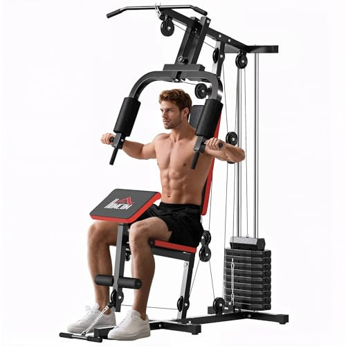 HOMCOM Multiestación Musculación, Máquina de Musculación con Prensa de Pecho, Placas de Peso 65 kg, Curl de Piernas y Brazos, Polea Mariposa, Carga 100 kg para Entrenamiento Casa Gimnasio Negro y Rojo
