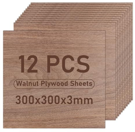 MIVIDE 12 Stück Sperrholzplatte Walnuss 3mm, Sperrholzplatte 300 x 300 mm, Walnuss Sperrholz für Laser Gravur, DIY, Modell, Malen