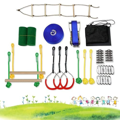 MTTXY Kids Ninja Obstacle Set, Ninja Slackline Climbing Net Rope Ladder Trapeze, Durable and Safe Ninja Course for Kids Outside 9 Accessories