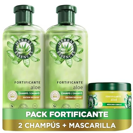 Herbal Essences Champú Fortificante Aloe 2x350ml + Mascarilla Fortificante Con Aloe 500ml. Para Pelo Muy Seco. Hidrata. Limpieza Profunda. De Origen Natural. Y Aroma A Jazmín