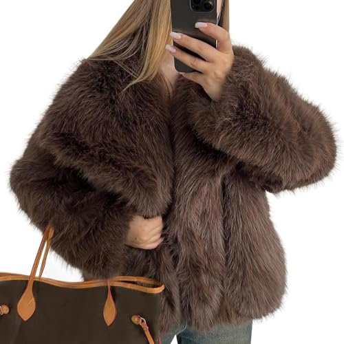 Suncadmious Damen Winter Flauschiger Kurzer Pelzmantel Revers Kurzer Business Büro Pelzmantel Langarm Tasche Flauschiger Warmer Mantel Mit Hochzeit Pelzmantel (Braun,M)