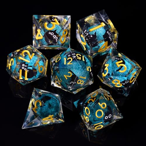 ORUZA DND Lot de 7 dés polyédriques D&D Liquid Core D4 D6 D8 D10 D12 D20 D% Chat Sable Mouvant Cube de Jeu pour Donjons et Dragons RPG MTG Pathfinder Jeu de rôle