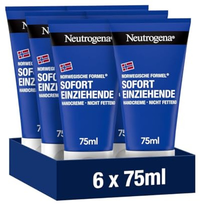 Neutrogena Sofort einziehende Handcreme (6 x 75ml), leichte und nicht fettende Feuchtigkeitscreme mit Glycerin plus Vitamin E bei trockenen, rissigen Händen, Sparset