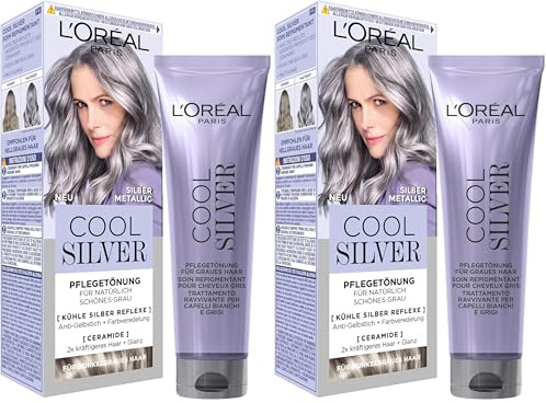 L'Oréal Paris Haarfarbe, Anti-Gelbstich, Farbveredelnde Pflegetönung mit Ceramiden, Für dunkelgraues Haar, Cool Silver, Farbe: Silber Metallic (Packung mit 2)