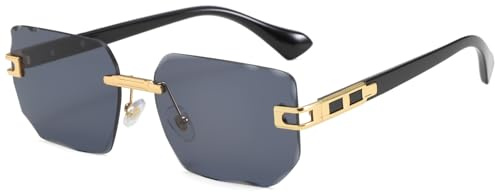 Long Keeper Occhiali da Sole Rettangolari Senza Montatura Vintage per Uomo Donna Retro Occhiali da Sole Quadrati Lenti Poligoni Irregolari Protezione UV400 (Grigio Scuro Lenti)