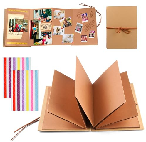 Álbum de Fotos Scrapbook 15 x 21cm Portátil Álbum de Recortes DIY en Papel Kraft con Plegado en Acordeón y Esquina Adhesiva de Colores, Ideal para Bodas, Viajes, Cumpleaños y Recuerdos Familiares