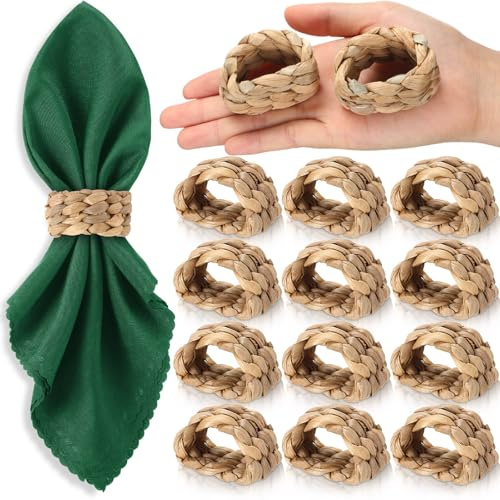 LemonRoad 12 Pcs Easter Woven Napkin Rings Farmhouse Rustic Boho Spring Napkins Ring Semi Circle Water Hyacinth Napkin Holder Handmade Buckle Rings for Farmhouse Table Decor Harvest Wedding Banquet