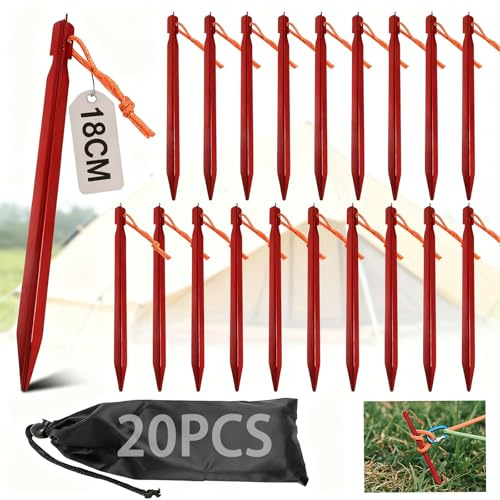 20 Pezzi Picchetti Tenda, Picchetti Ancoraggio da 18 cm con Corda, Tent Pegs in Alluminio, Chiodi da Campeggio, Chiodi per Tende, Adatti per Viaggi, Campeggio, Escursionismo, Spiaggia, Colore Rosso