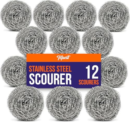 Topest Stainless Steel Scourer | 12 Pack | Dish Washing Up Pot Scrubber | Heavy Duty Sponge Spiral Scourer Scrubbing Pad | Household Cleaning Tools Accessories