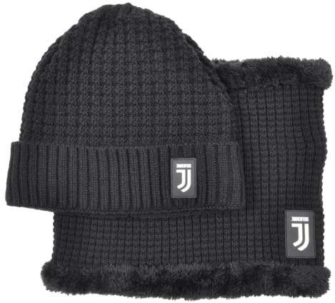 Juventus Vinterset, svart jacquard stickad mössa och halsduk med logotyp, officiella fotbollstillbehör
