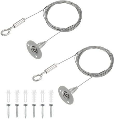 QUARKZMAN Kit Cavi Regolabili 300 X 1.5mm, Cavo Acciaio Inox Resistente Con Ganci Singoli Per Foto Quadri Luci Schermi LED Tende Cartelloni Fai Da Te Con Morsetto Confezione Da 2