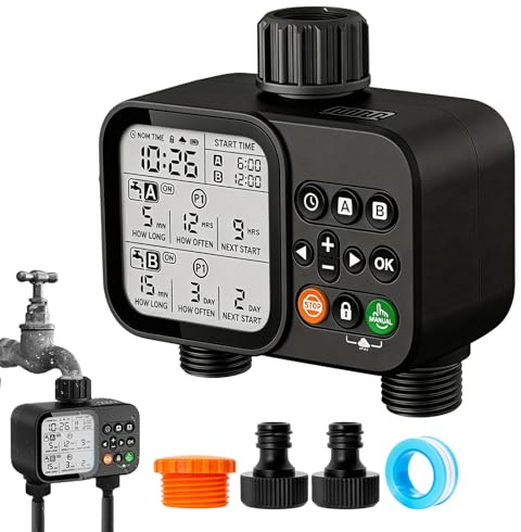 Bewässerungscomputer 2 Ausgänge, IP54 Wasserdichtes Weiß, Bewässerungsuhr Regenverzögerung, Wasser Zeitschaltuhr,Duale Programmierung, Garten Bewässerungsuhr, LCD-Display Bewässerungssteuerung