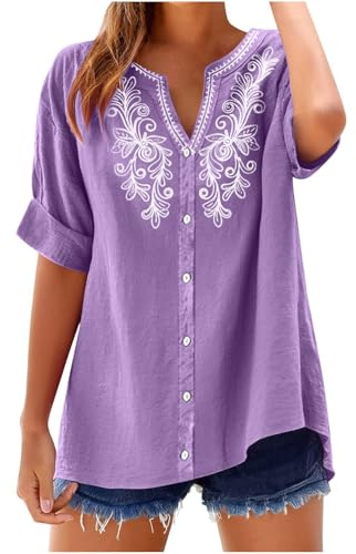 Blusa Donna Elegante Camicia Estiva Manica Corta Scollo a V Camicie in Lino Cotone Maglietta con Bottoni Camicetta Vintage Ricamo Moda Curvy Blouse Classico Top Casual Comoda e Traspirante