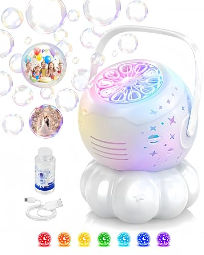 Rechargeable Bubble Machine for Kids (Spherical) | 3-in-1 Bubble Maker with 7 Night Light Star Projector, 30000+ Bubbles/M, 600ml Capacity Blower for Weddings, Parties