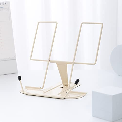 Book Stand for Reading, MSDADA Recipe Book Holder Cookbook Stand for Kitchen, Adjustable Metal Document Holder for Desk Textbook Presentation Material Tablet Music Score Stands for Display(Beige)