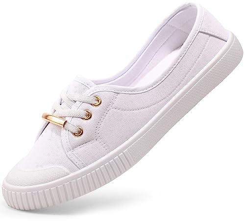 Harvest Land Womens Canvas Shoes Low Top Flat Gym Sports Pumps Trainers Lace Up Flat Ladies Girls Fashion Pumps White UK 8
